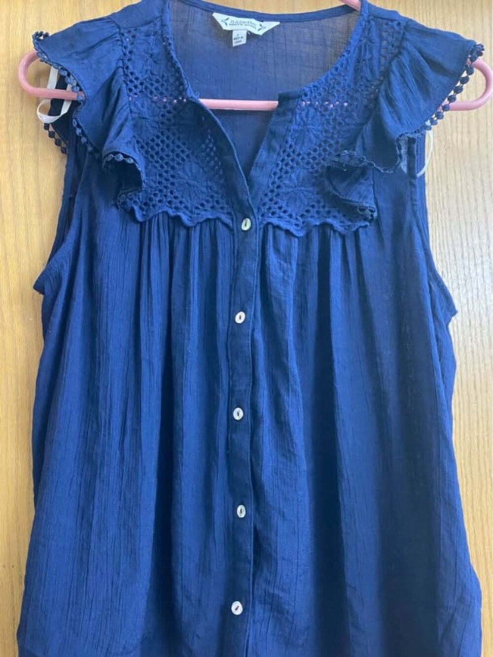 Nanette Lepore Midnight Blue Boho Embroidered Crochet Flutter Sleeve Henley L